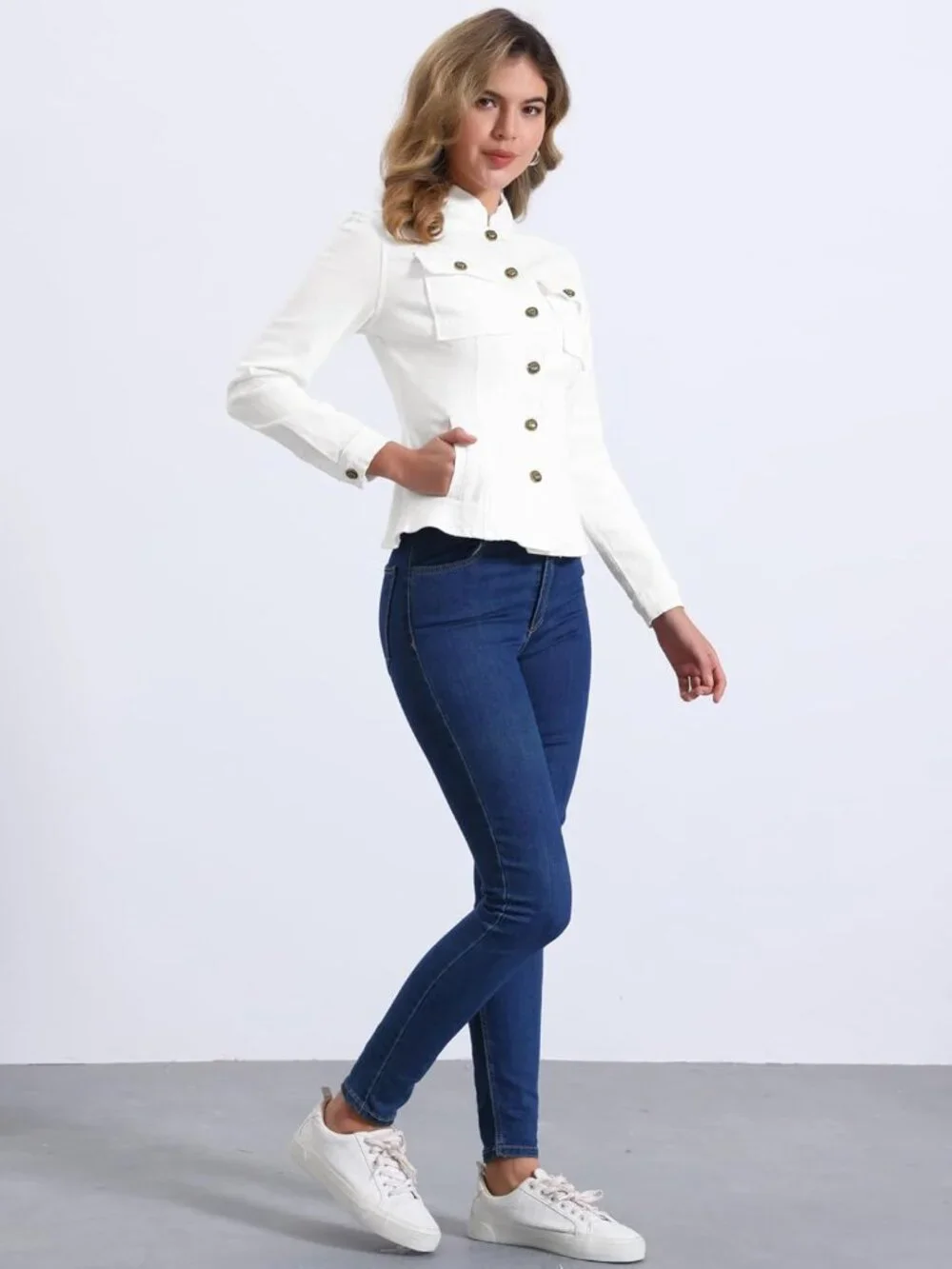 Women's White Classic Stand Collar Long Sleeve Denim Jackets Flap Chest Pockets